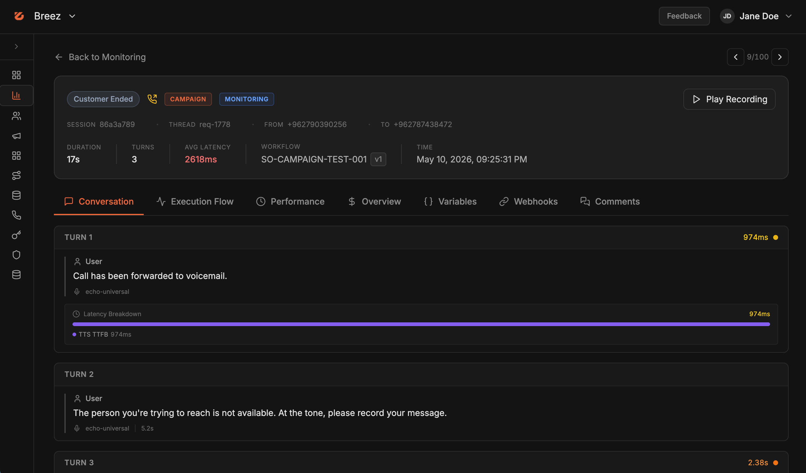 Breez call-session monitor — conversation, execution flow, and latency breakdown
