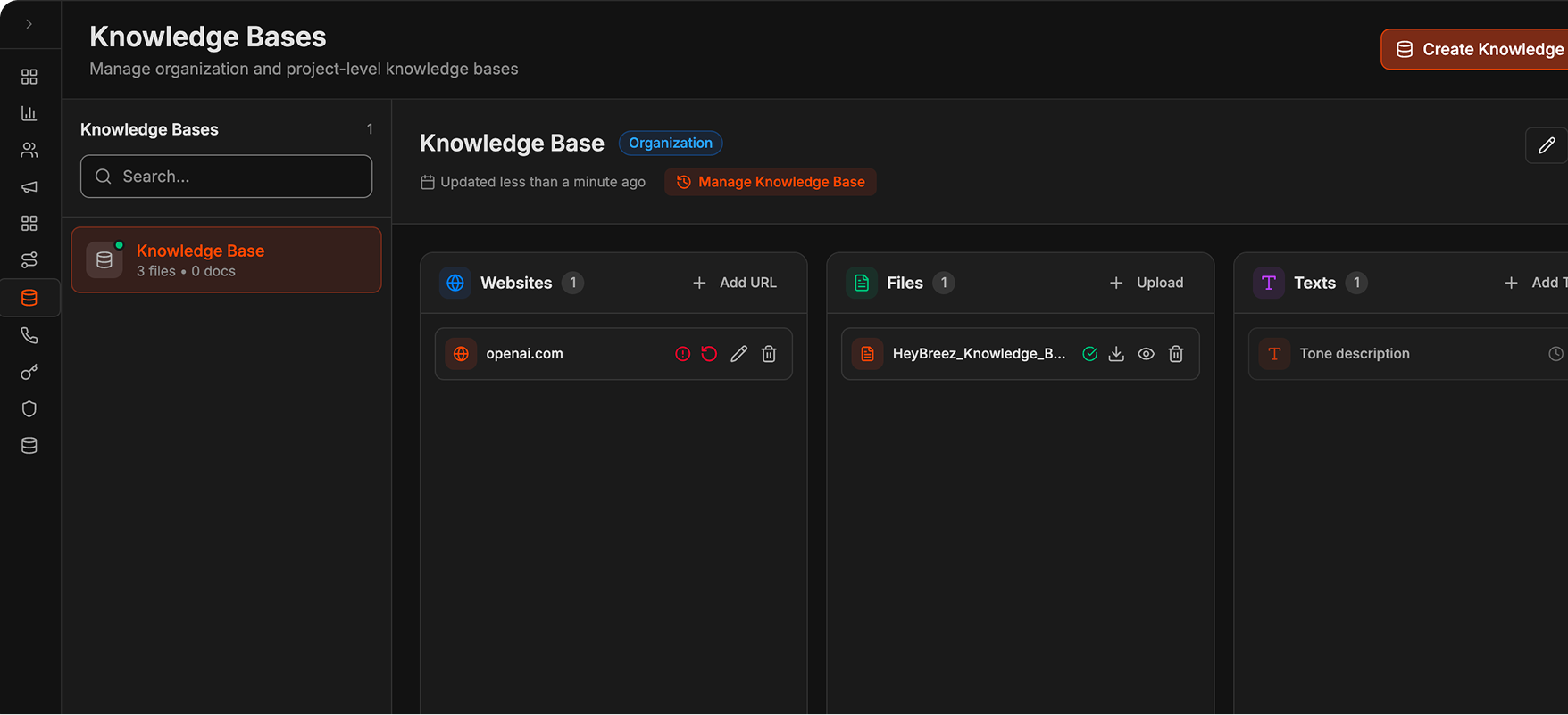 Knowledge Bases dashboard with project Kb-002 and three columns of websites, files and texts