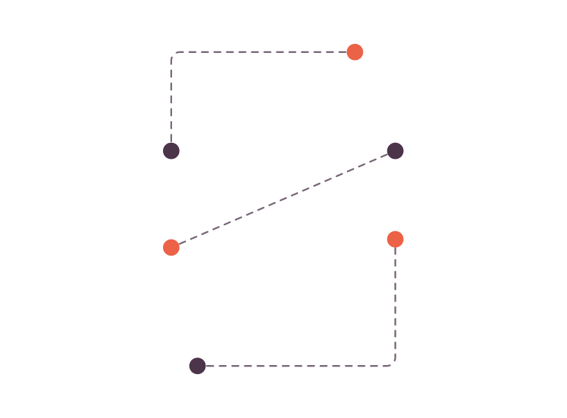 Node graph: dark and orange nodes connected by dashed paths